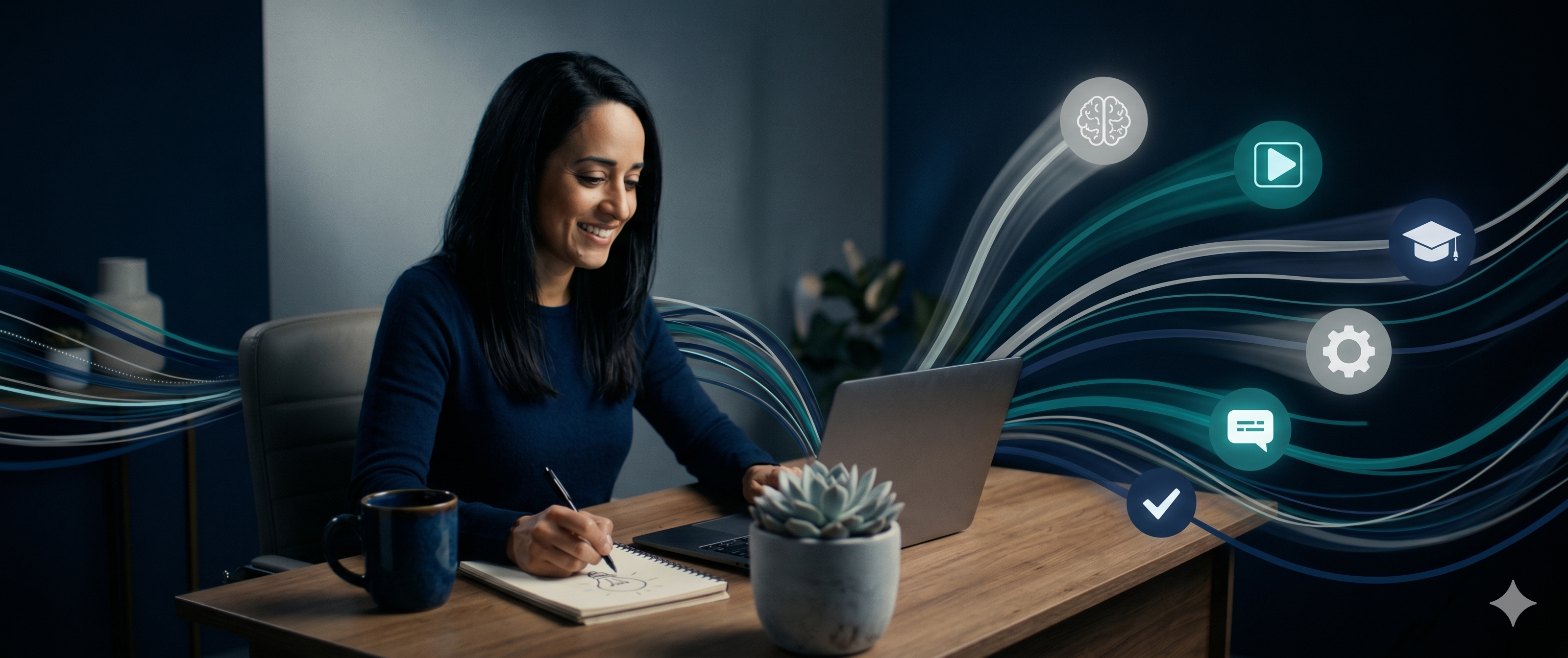 Illustrated banner: a person working at a desk, with flowing ribbons carrying learning and technology icons