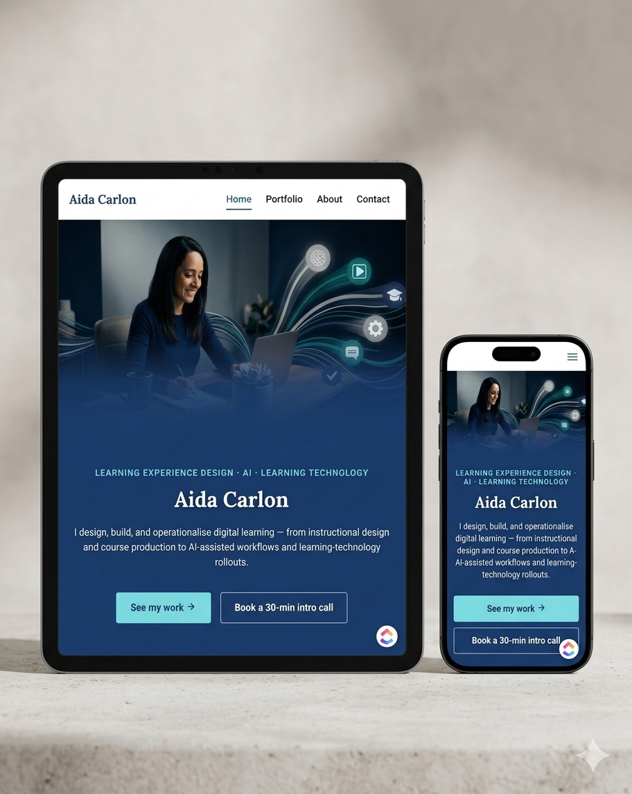 The acarlon.me homepage hero shown on a tablet and a phone side by side, with the navy hero panel, illustrated banner, and dual call-to-action buttons visible on both.