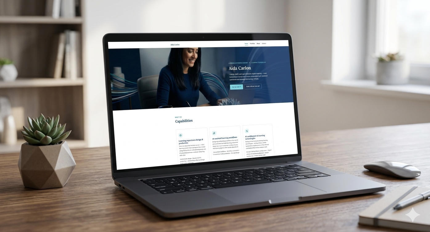 The acarlon.me homepage shown on a laptop on a desk, with the navy hero and the Capabilities section visible.